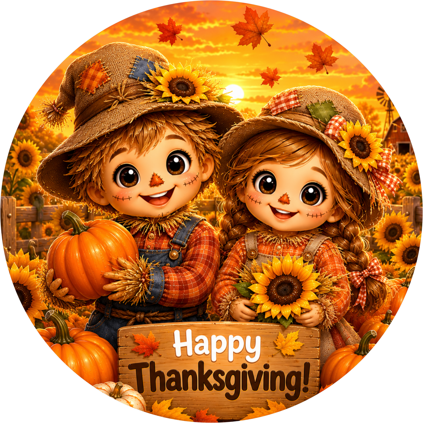 Sunflower Scarecrow Friends Round Wreath Sign