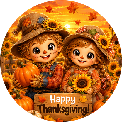 Sunflower Scarecrow Friends Round Wreath Sign