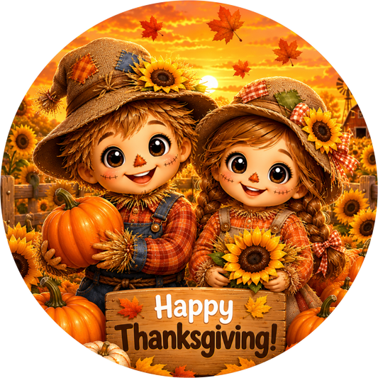 Sunflower Scarecrow Friends Round Wreath Sign