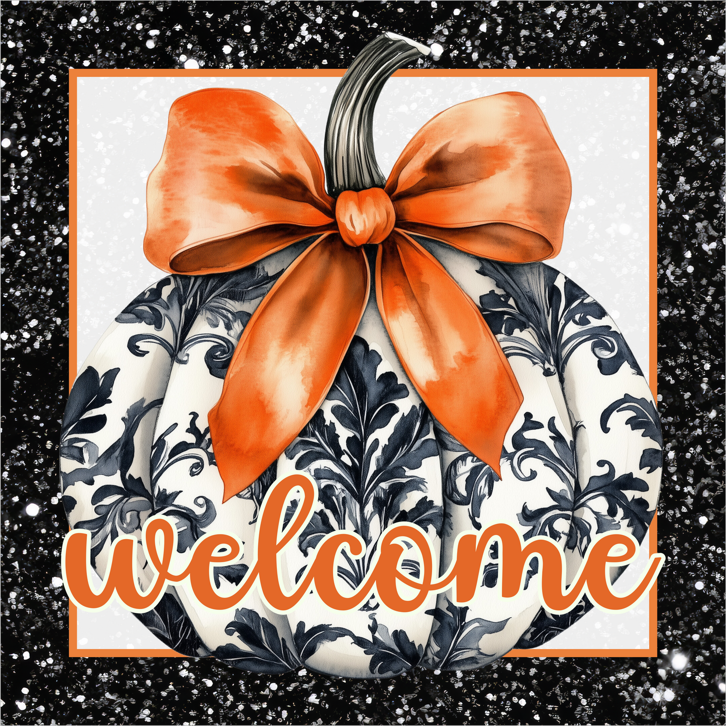 Black Filigree Welcome Pumpkin with Orange Bow and Florals Square Wreath Sign
