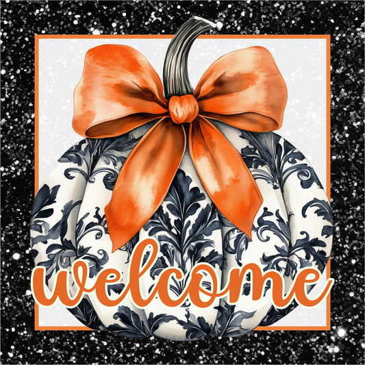 Black Filigree Welcome Pumpkin with Orange Bow and Florals Square Wreath Sign