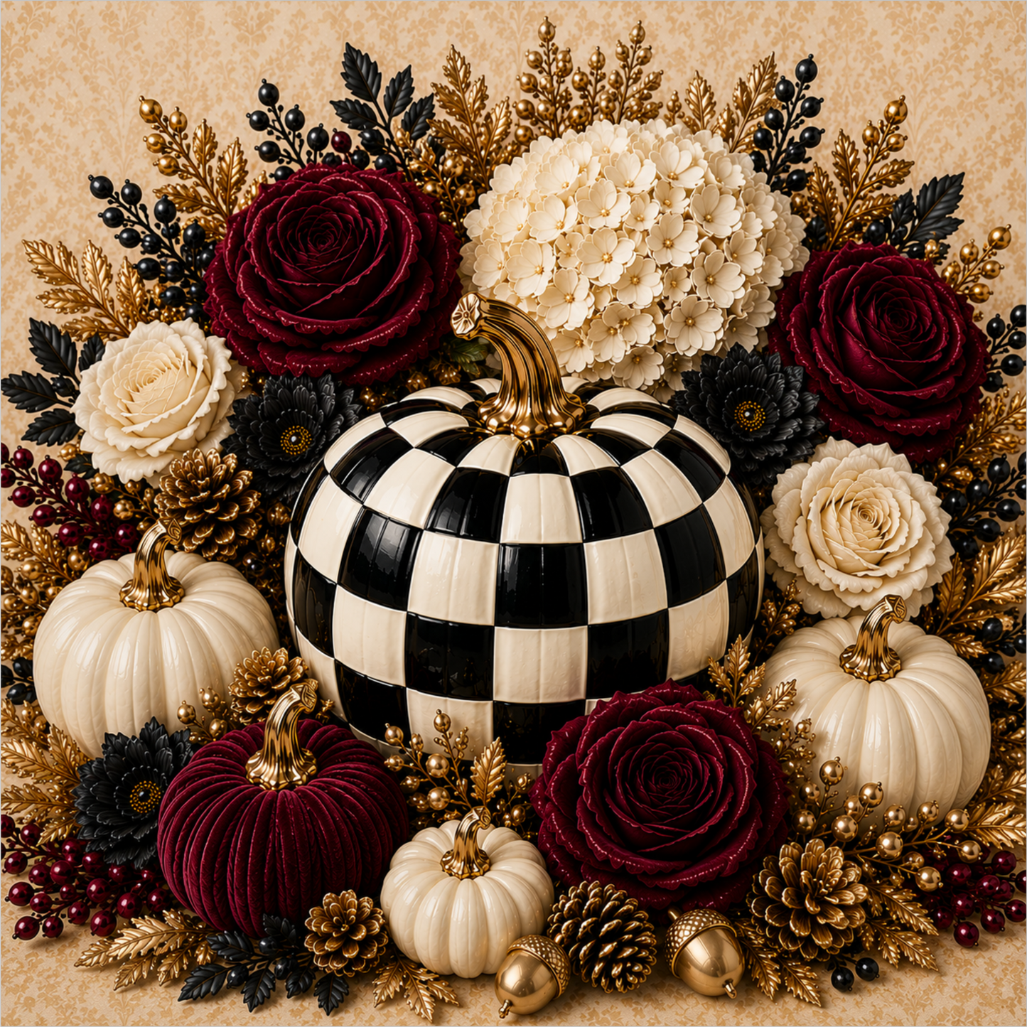 Black and White Checkered Pumpkin with White and Burgundy Rose Square Wreath Sign