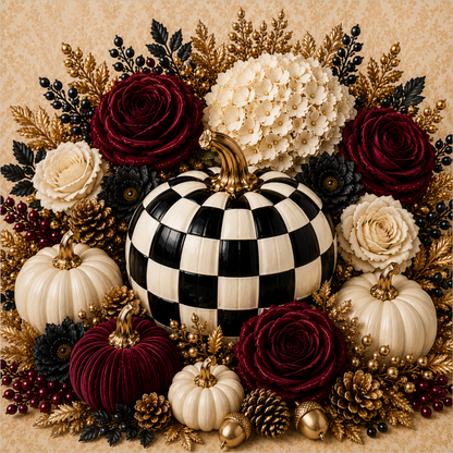 Black and White Checkered Pumpkin with White and Burgundy Rose Square Wreath Sign