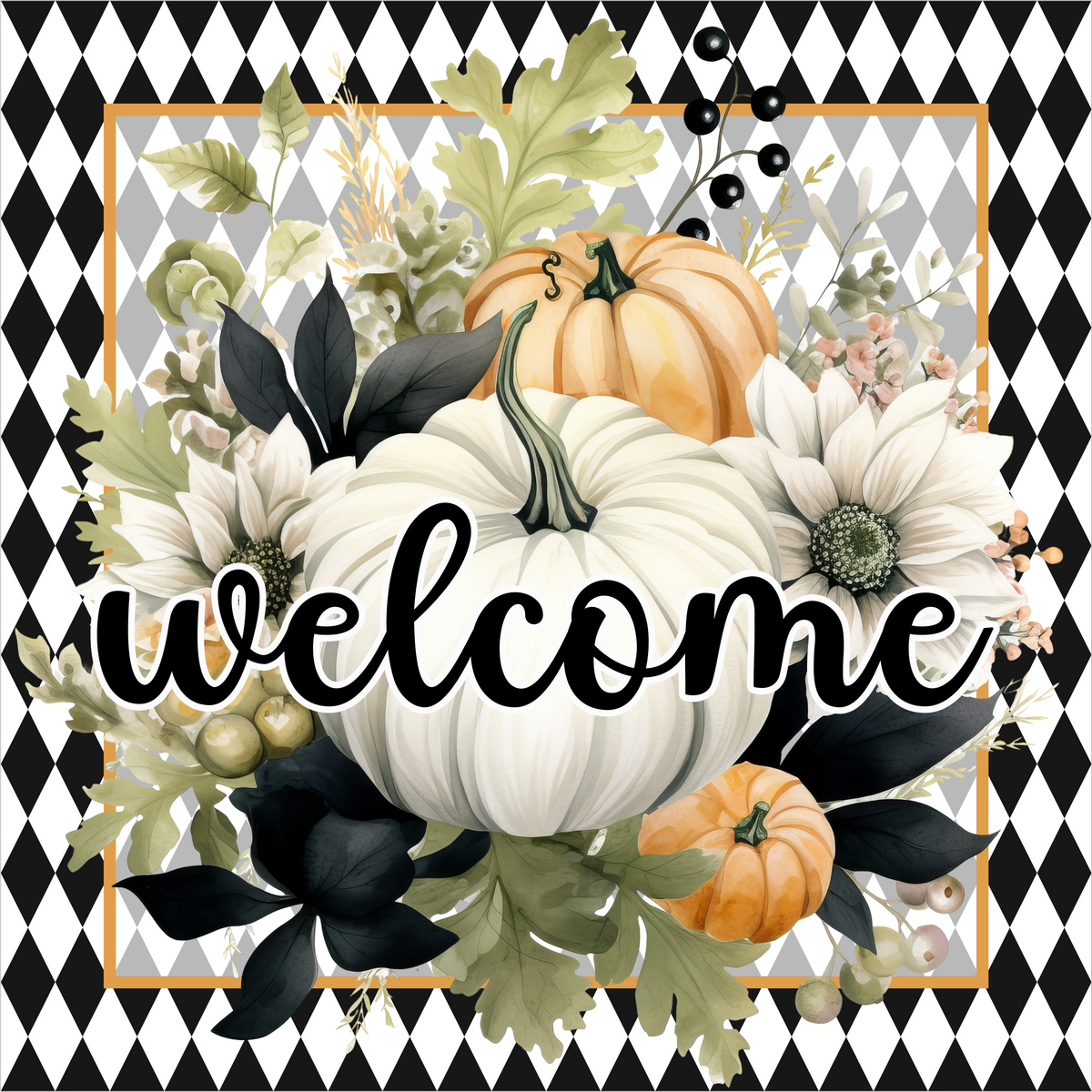 Black and White Harlequin White Pumpkin Welcome Square Wreath Sign
