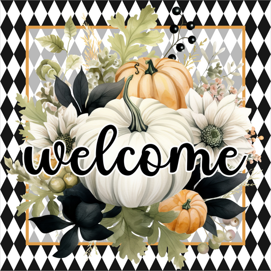 Black and White Harlequin White Pumpkin Welcome Square Wreath Sign