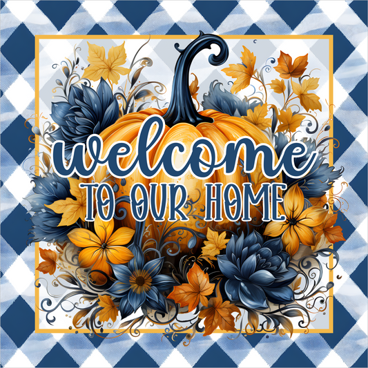 Blue Gingham Welcome to Our Home with Pumpkin Square Wreath Sign
