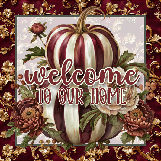 Burgundy Striped Pumpkin Welcome to Our Home Square Wreath Sign