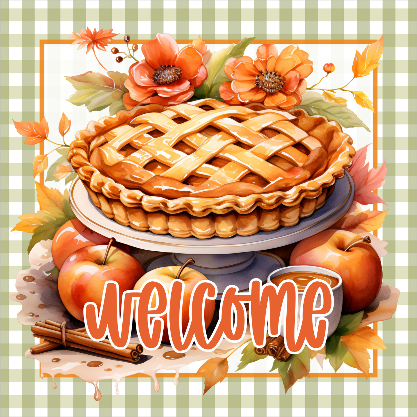 Green Gingham Apple Pie Welcome Square Wreath Sign