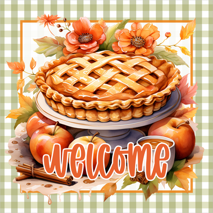 Green Gingham Apple Pie Welcome Square Wreath Sign