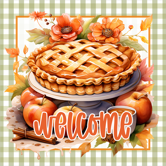 Green Gingham Apple Pie Welcome Square Wreath Sign