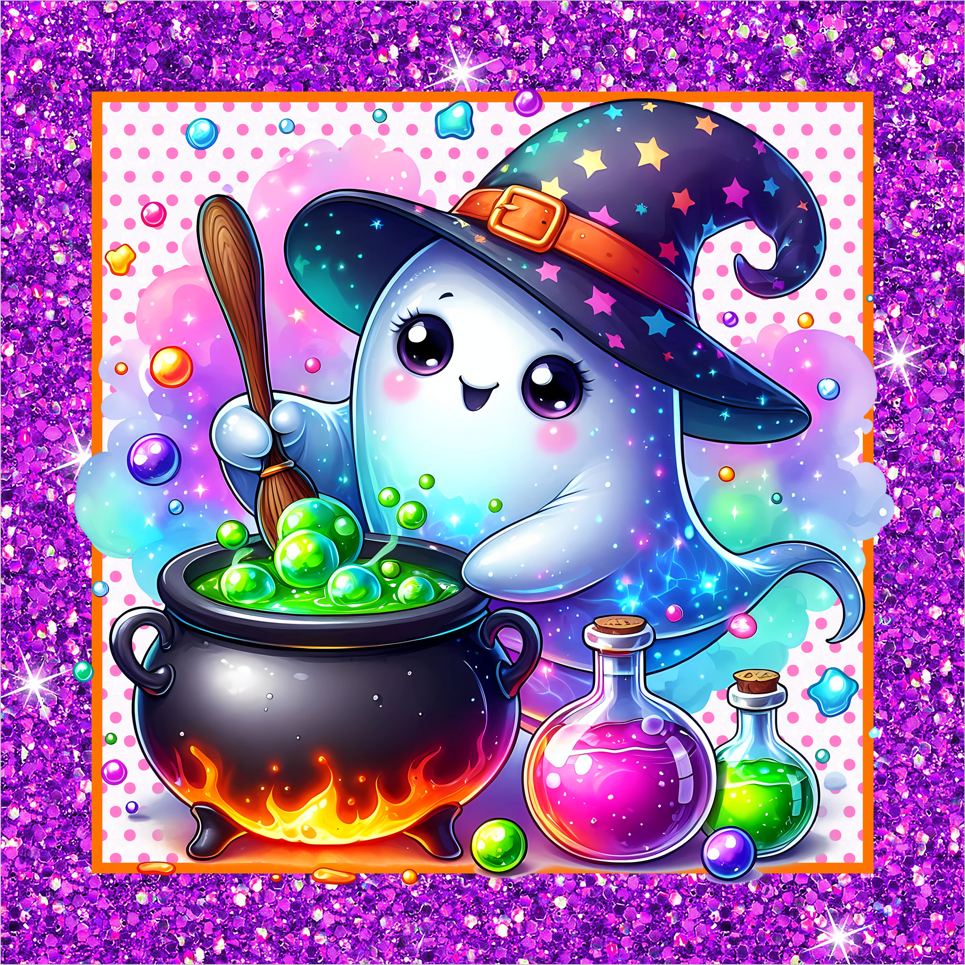 Ghost Witch with Cauldron Square Wreath Sign