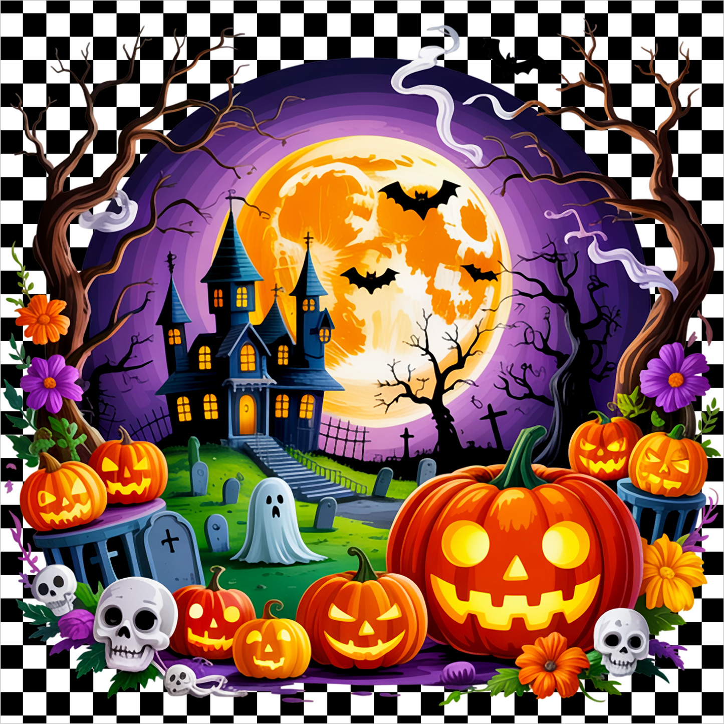 Spooky Scene with Haunted House Checkered Square Wreath Sign