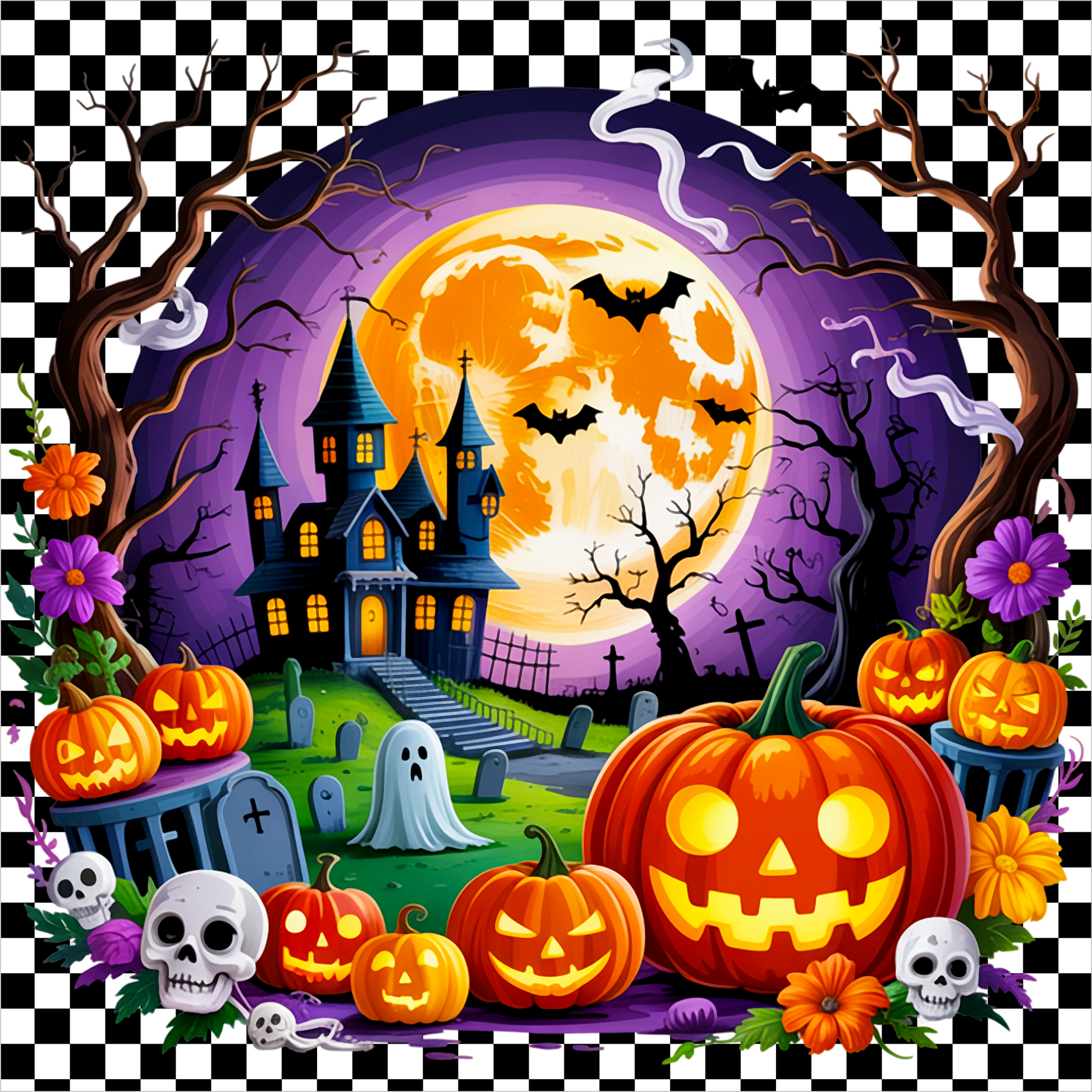 Spooky Scene with Haunted House Checkered Square Wreath Sign
