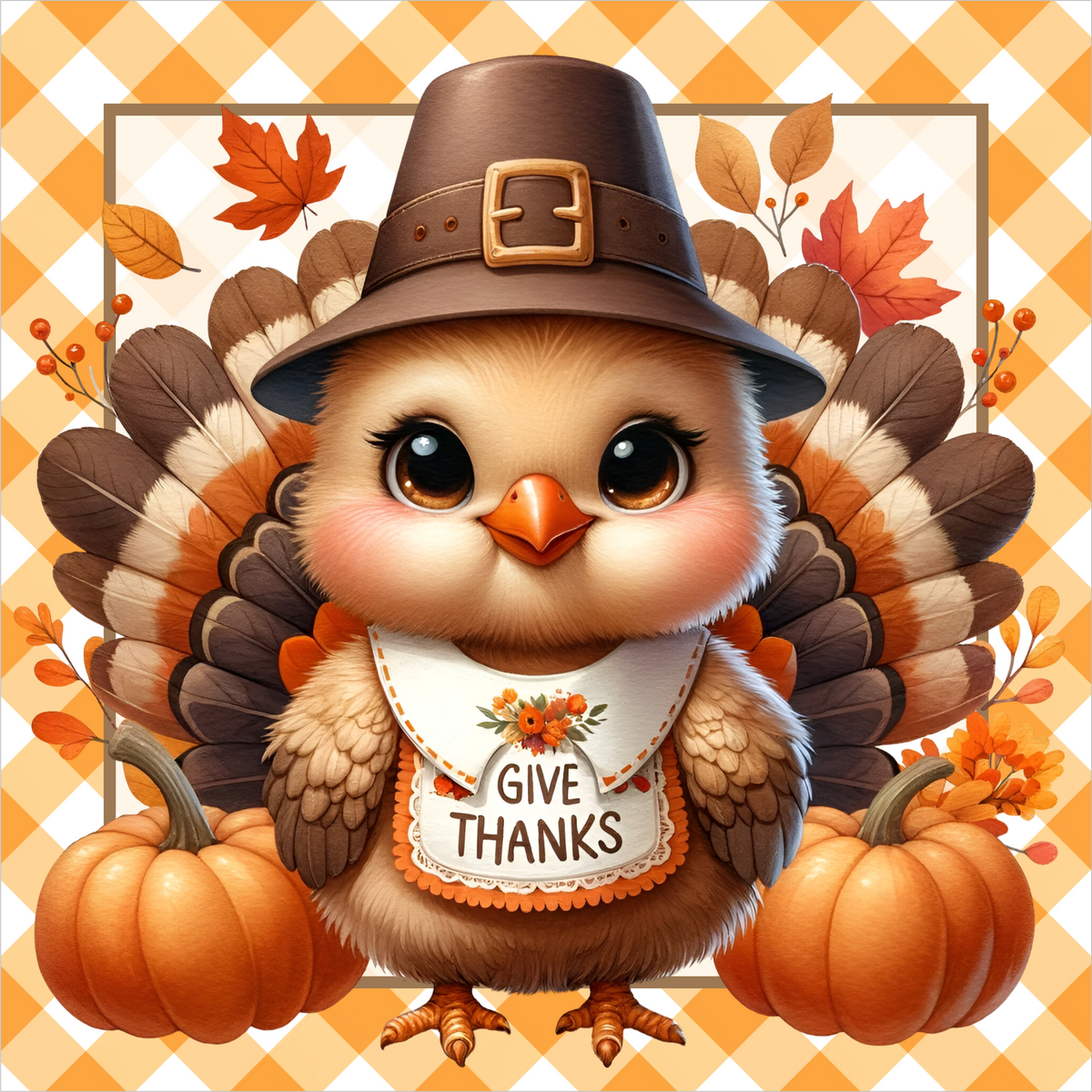 Orange Buffalo Plaid Give Thanks Turkey Square Wreath Sign