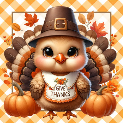 Orange Buffalo Plaid Give Thanks Turkey Square Wreath Sign