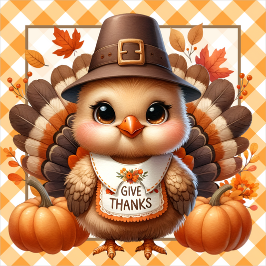 Orange Buffalo Plaid Give Thanks Turkey Square Wreath Sign