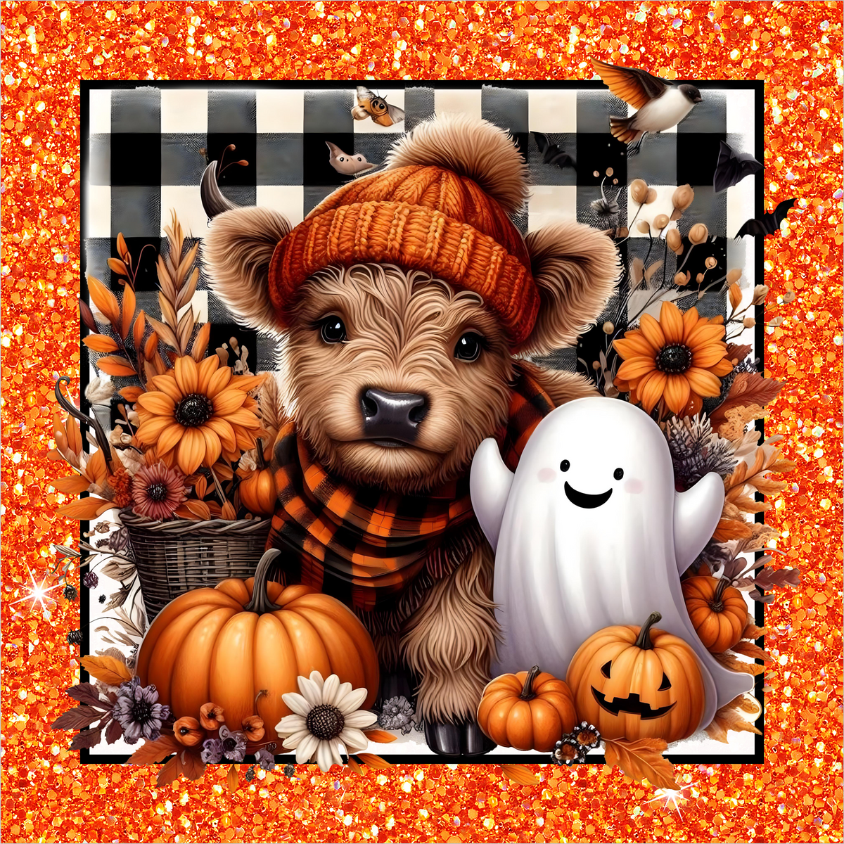Orange Buffalo Plaid Highland Cow with Pumpkin and Ghost Square Wreath Sign