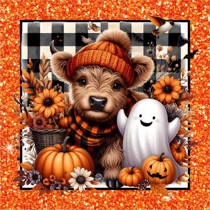 Orange Buffalo Plaid Highland Cow with Pumpkin and Ghost Square Wreath Sign