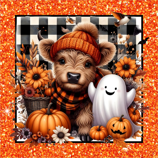 Orange Buffalo Plaid Highland Cow with Pumpkin and Ghost Square Wreath Sign
