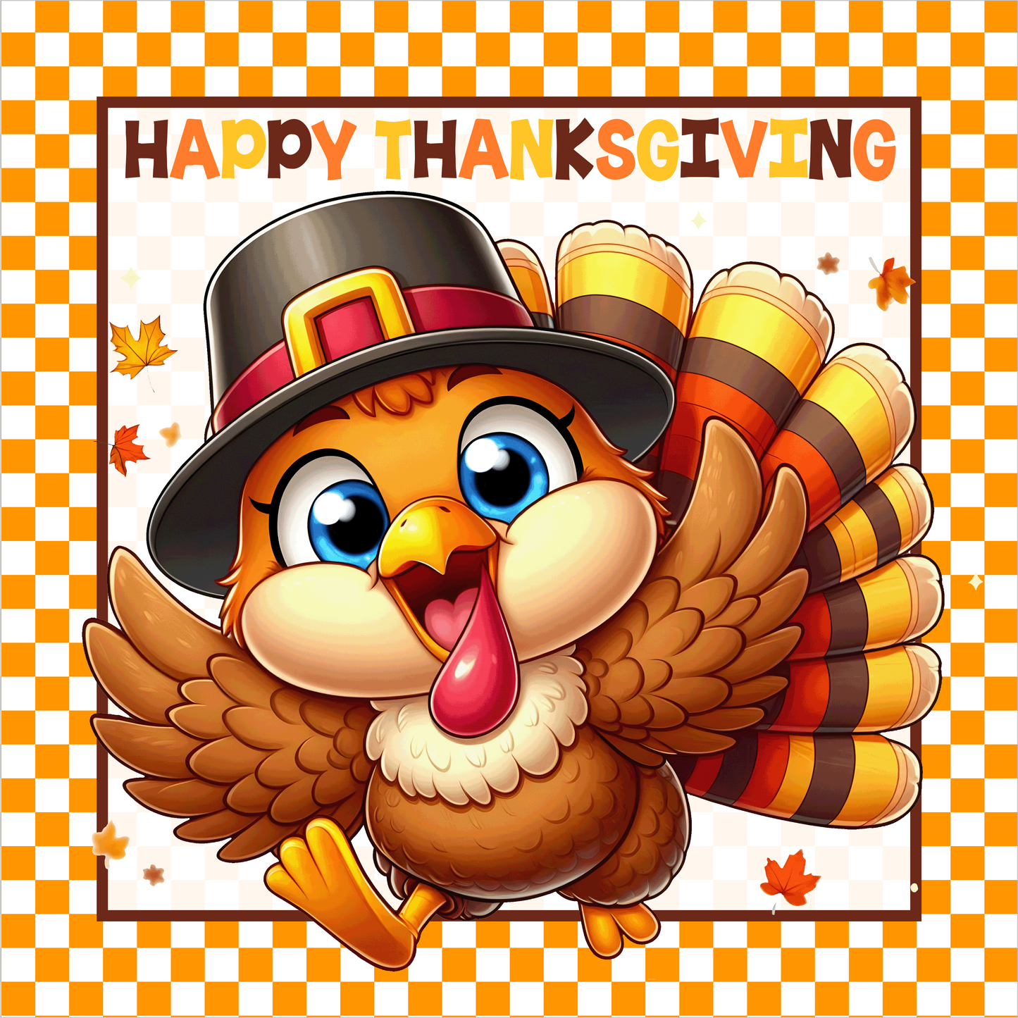 Orange Gingham Happy Thanksgiving Turkey Square Wreath Sign