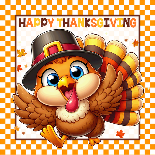 Orange Gingham Happy Thanksgiving Turkey Square Wreath Sign
