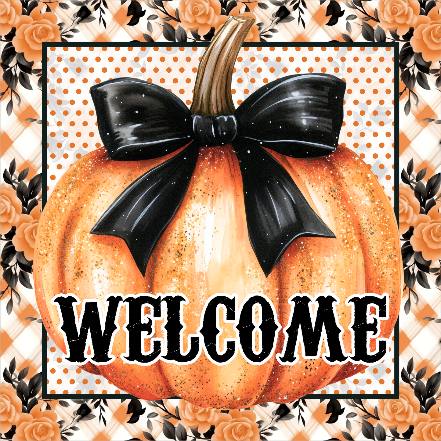 Orange Polka Dot Pumpkin with Black Bow Welcome Square Wreath Sign