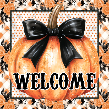 Orange Polka Dot Pumpkin with Black Bow Welcome Square Wreath Sign