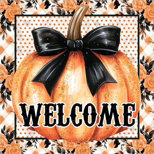 Orange Polka Dot Pumpkin with Black Bow Welcome Square Wreath Sign