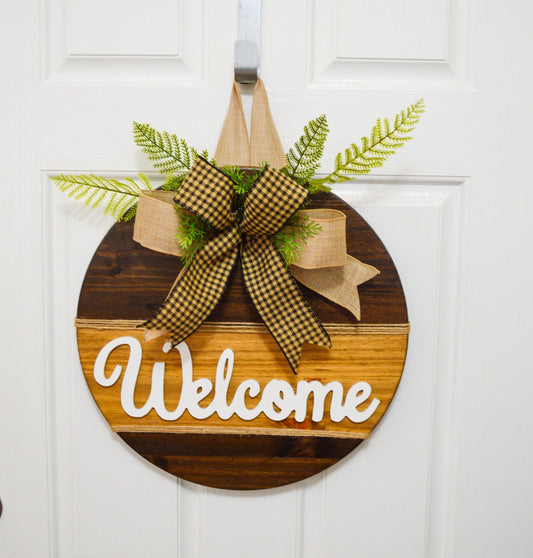 Wood Welcome Door Hanger, 18" Brown Stained Welcome for Front Door