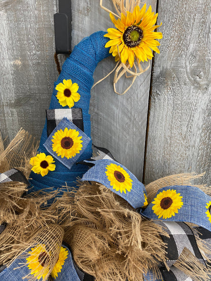 Scarecrow Hat Wreath For Front Door, Buffalo Black and White Plaid Fall Door Wreath, Sunflower Door Hanger