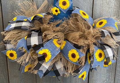 Scarecrow Hat Wreath For Front Door, Buffalo Black and White Plaid Fall Door Wreath, Sunflower Door Hanger