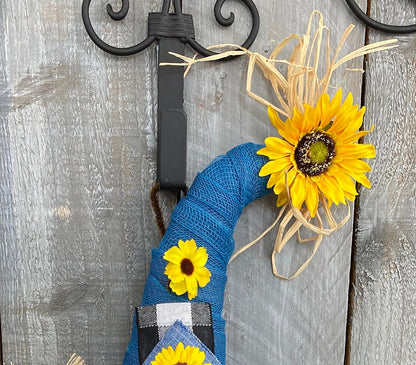 Scarecrow Hat Wreath For Front Door, Buffalo Black and White Plaid Fall Door Wreath, Sunflower Door Hanger