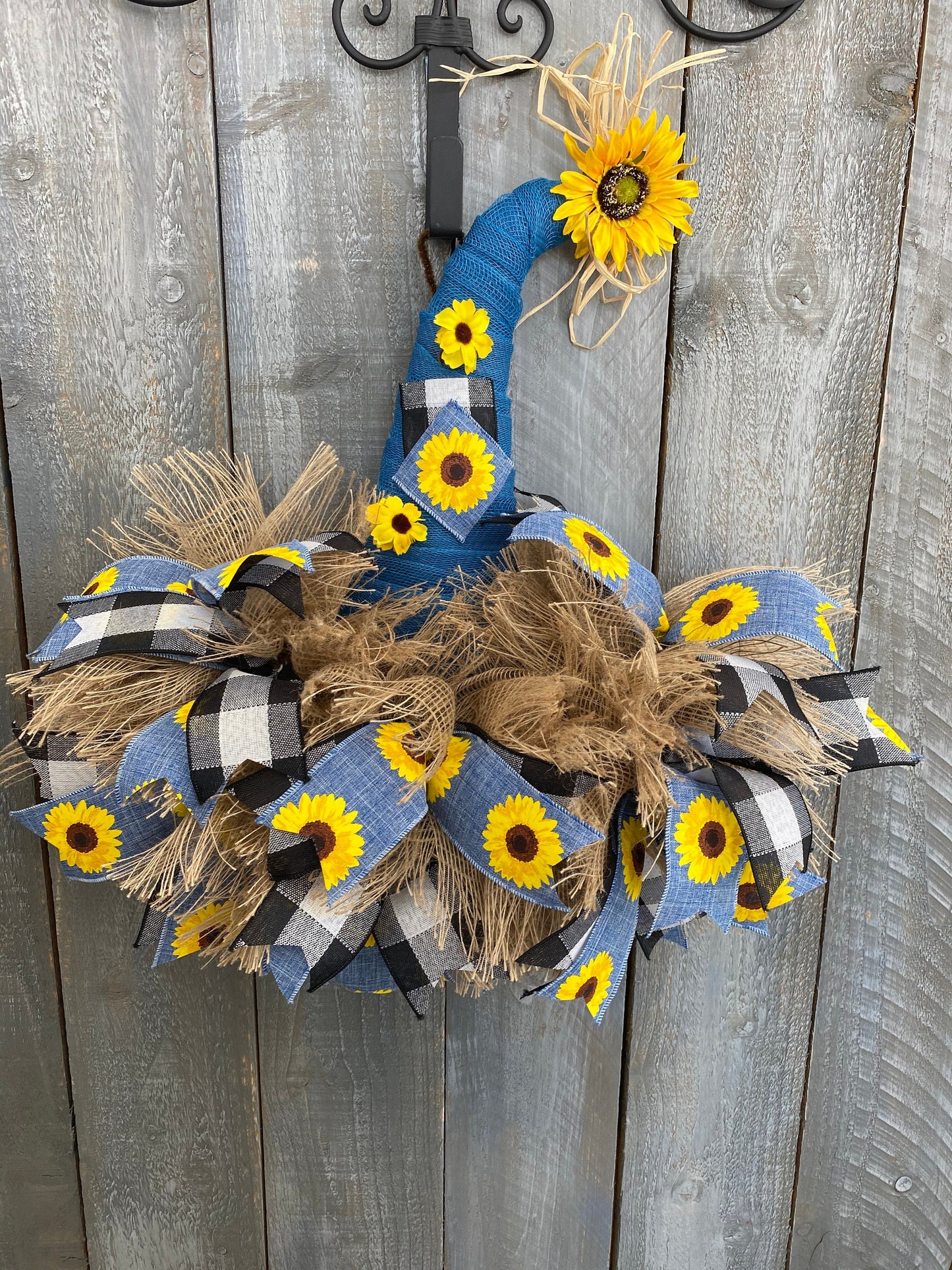 Scarecrow Hat Wreath For Front Door, Buffalo Black and White Plaid Fall Door Wreath, Sunflower Door Hanger