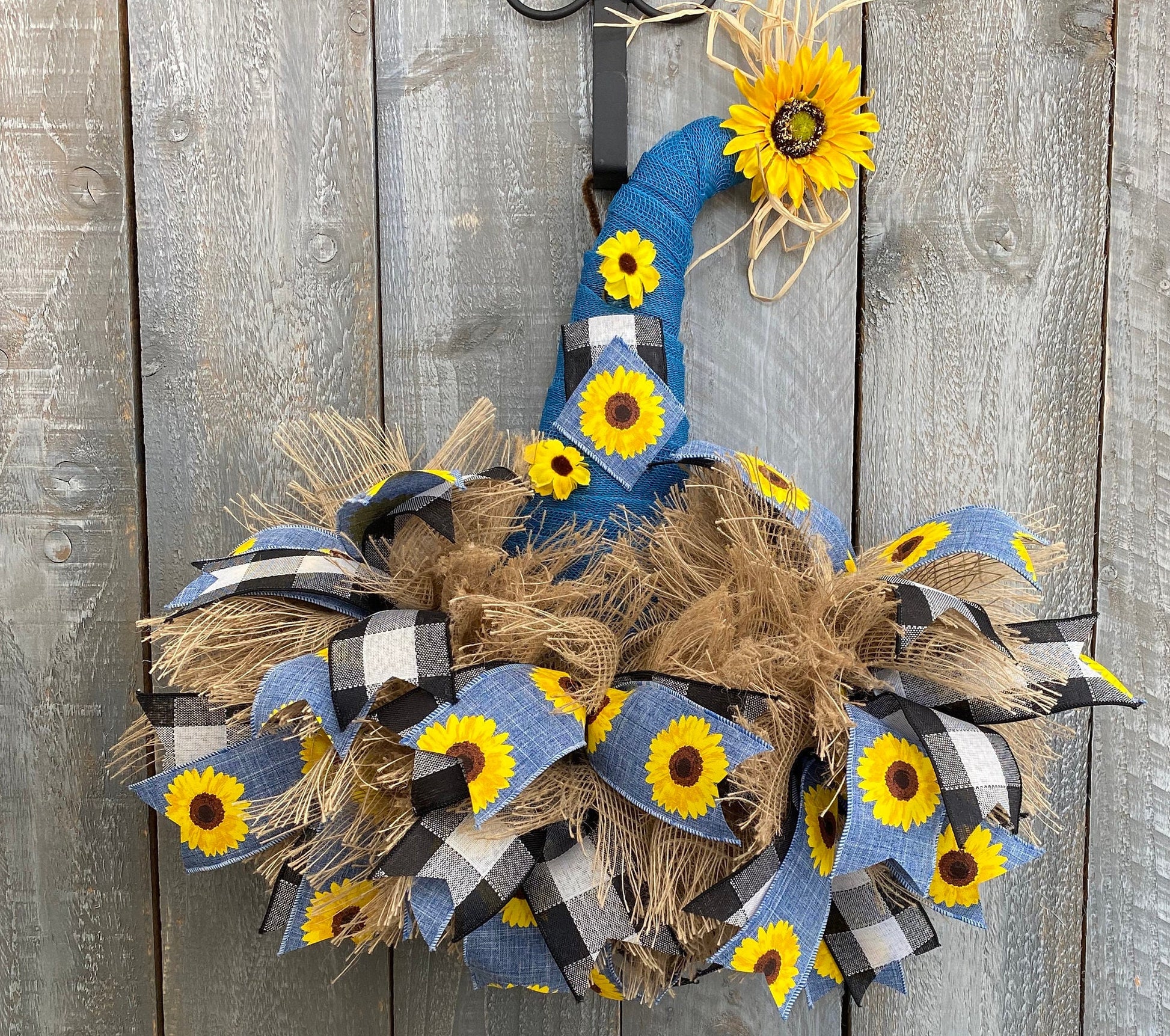 Scarecrow Hat Wreath For Front Door, Buffalo Black and White Plaid Fall Door Wreath, Sunflower Door Hanger