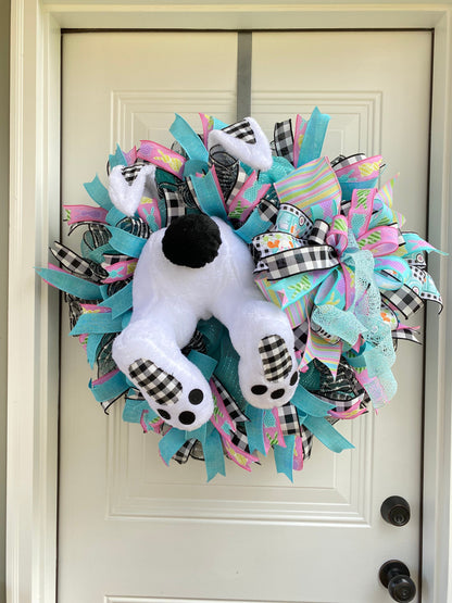 Easter Bunny Wreath for Front Door, Bunny Butt Door Wreath, Farmhouse Spring Decor, Buffalo Check Easter Decoration