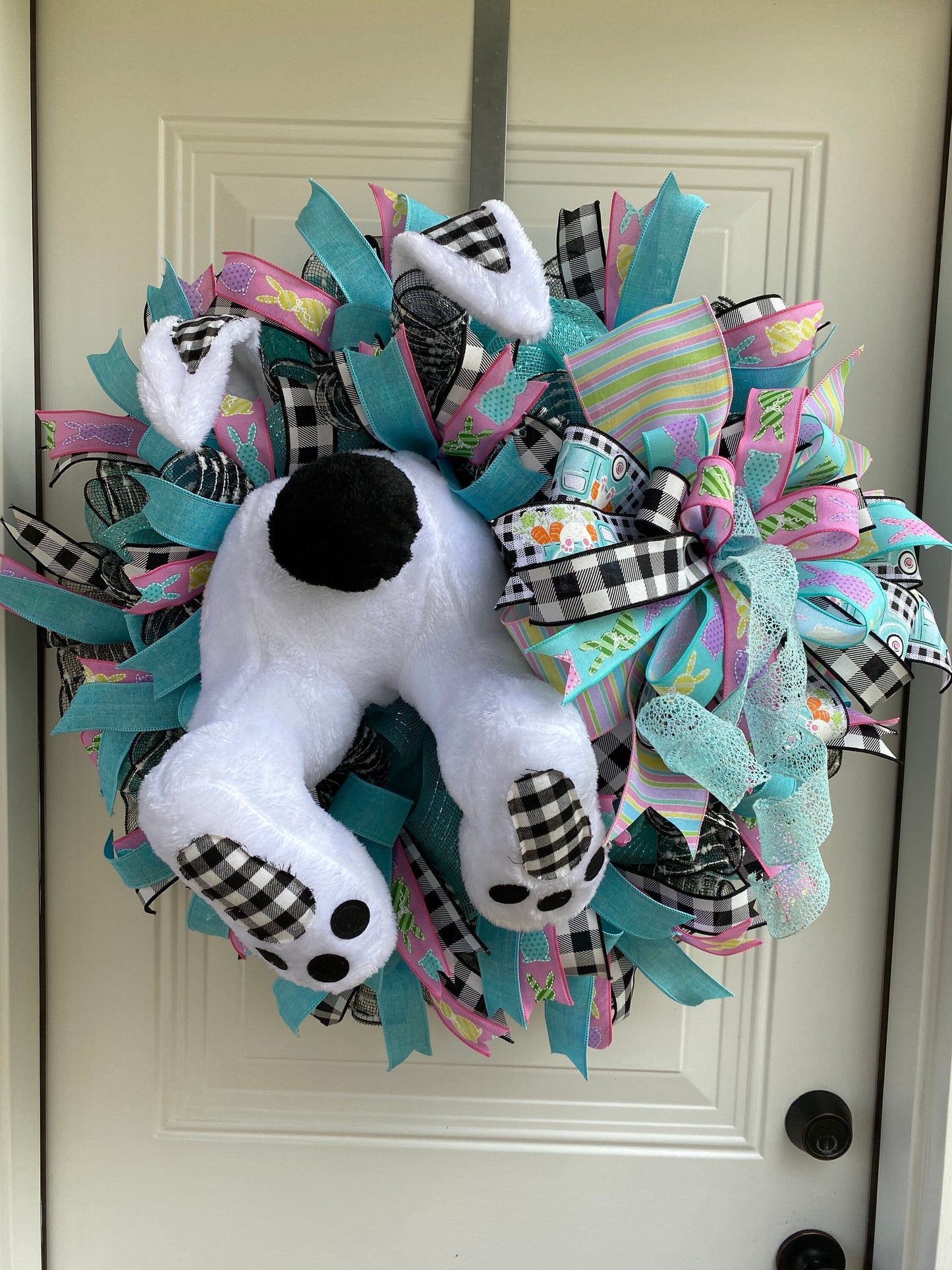 Easter Bunny Wreath for Front Door, Bunny Butt Door Wreath, Farmhouse Spring Decor, Buffalo Check Easter Decoration