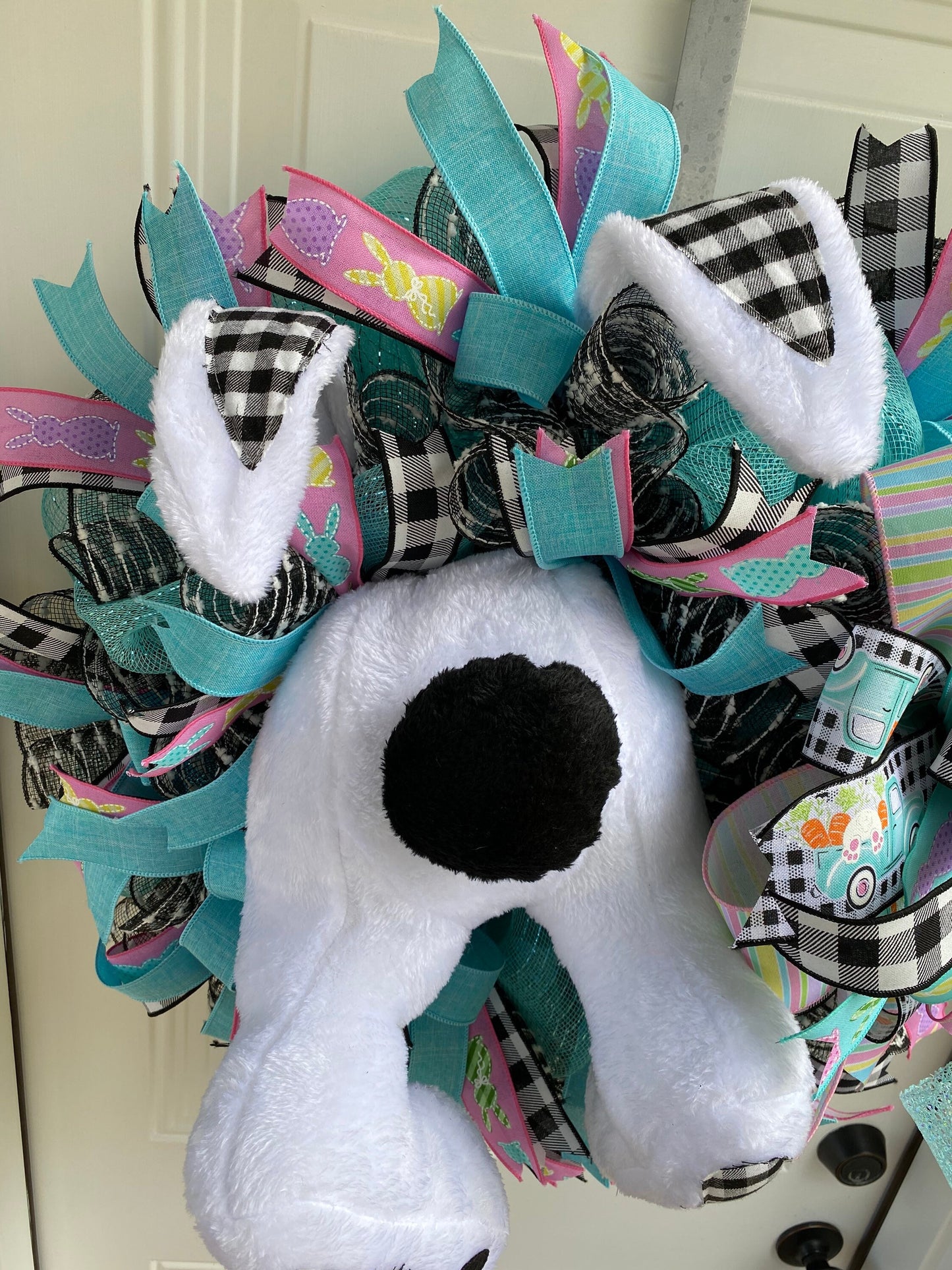 Easter Bunny Wreath for Front Door, Bunny Butt Door Wreath, Farmhouse Spring Decor, Buffalo Check Easter Decoration