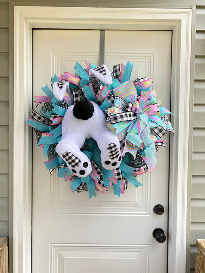 Easter Bunny Wreath for Front Door, Bunny Butt Door Wreath, Farmhouse Spring Decor, Buffalo Check Easter Decoration