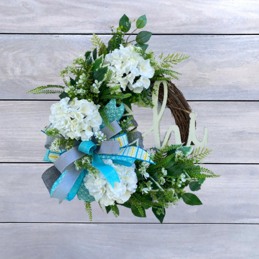 Every Day Wreath for Front Door, Blue Gray and White Hydrangea Wreath with Hi Sign,