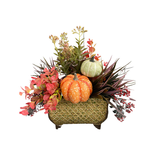 Fall Centerpiece with Pumpkins and Succulents, Thanksgiving Floral Arrangement, Autumn Kitchen Dining Decor