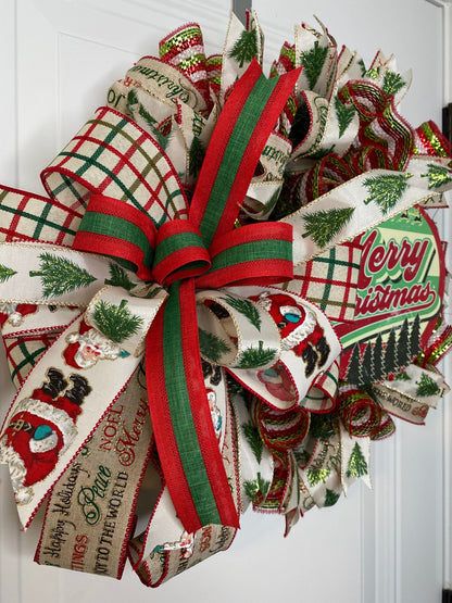 Retro Merry Christmas Wreath, Vintage Looking Mesh Door Hanger, Smaller Red and Green Pixie Wreath for Apartment Front Door,