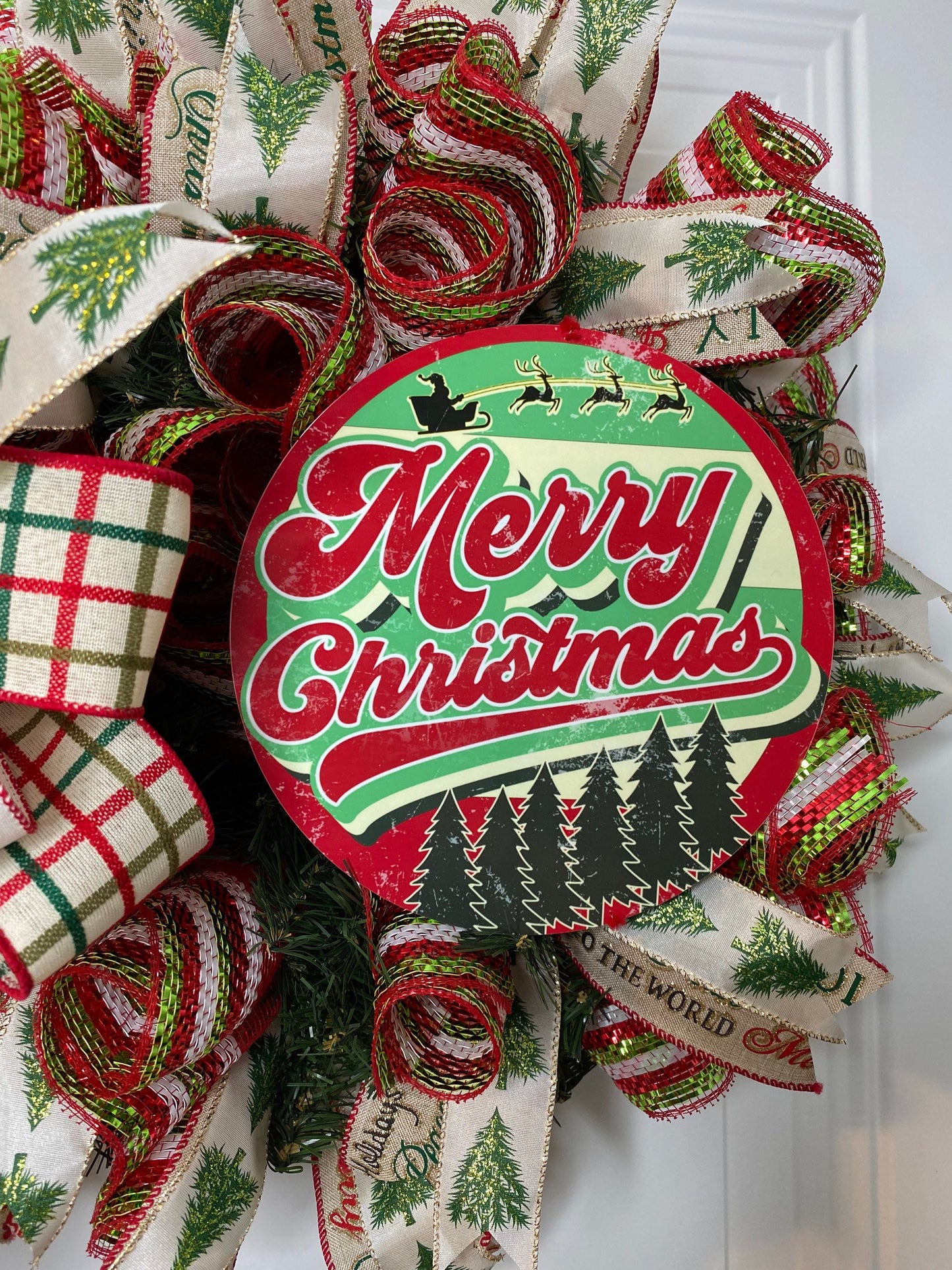 Retro Merry Christmas Wreath, Vintage Looking Mesh Door Hanger, Smaller Red and Green Pixie Wreath for Apartment Front Door,