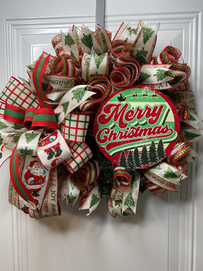 Retro Merry Christmas Wreath, Vintage Looking Mesh Door Hanger, Smaller Red and Green Pixie Wreath for Apartment Front Door,