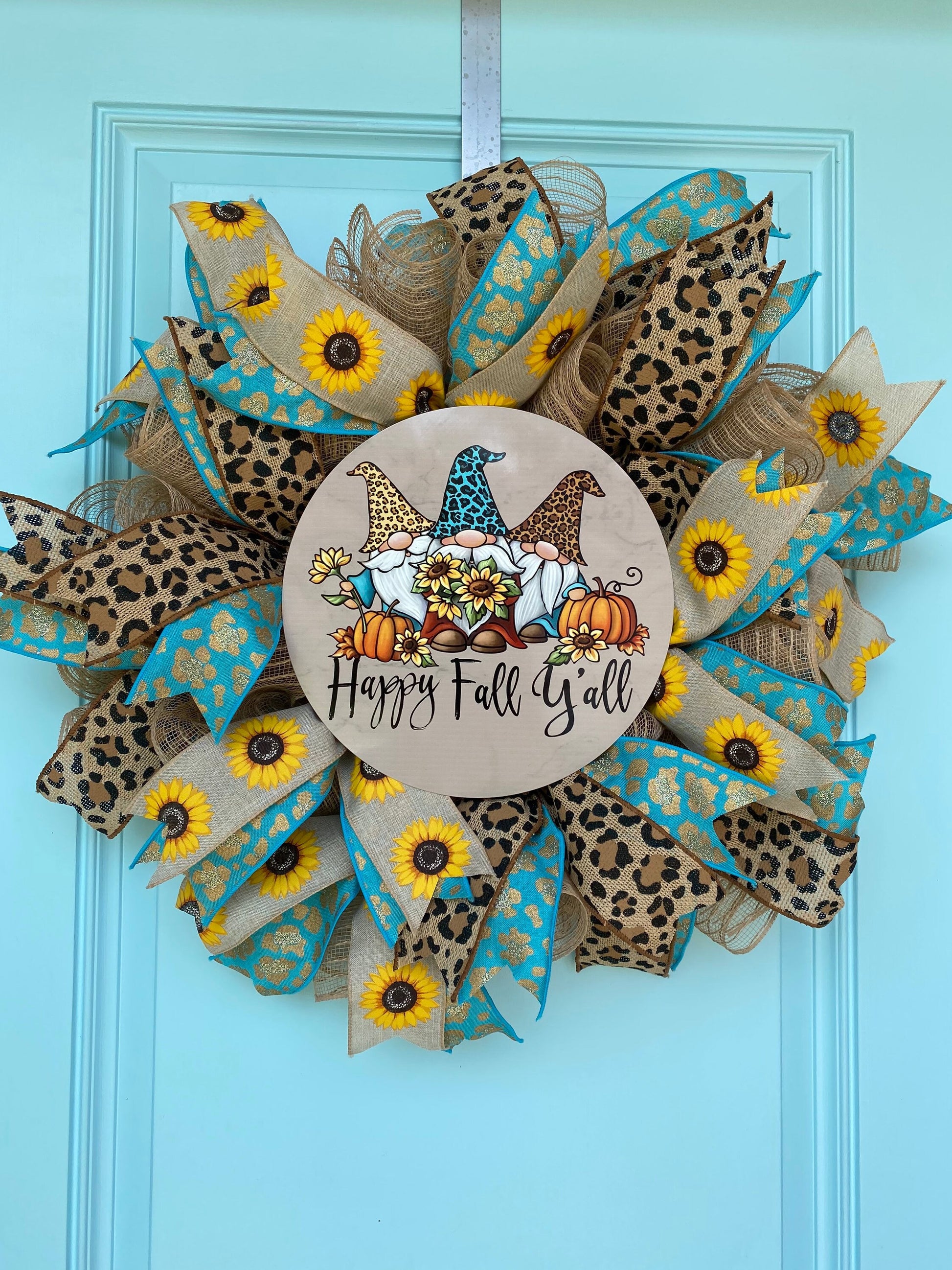 Fall Wreath for Front Door, Gnome Wreath, Fall Leopard Wreath, Autumn Sunflower Wreath, Happy Fall Y'all, Teal Aqua Outdoor Decoration