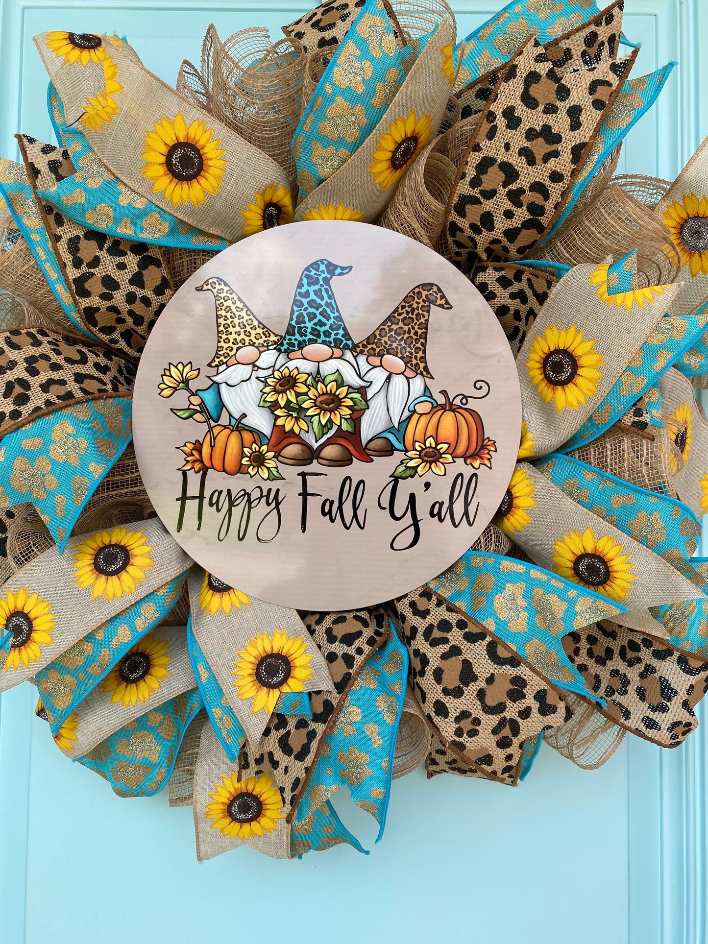 Fall Wreath for Front Door, Gnome Wreath, Fall Leopard Wreath, Autumn Sunflower Wreath, Happy Fall Y'all, Teal Aqua Outdoor Decoration