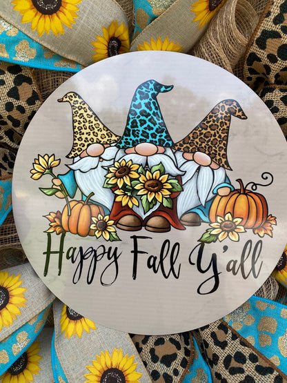 Fall Wreath for Front Door, Gnome Wreath, Fall Leopard Wreath, Autumn Sunflower Wreath, Happy Fall Y'all, Teal Aqua Outdoor Decoration