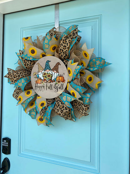 Fall Wreath for Front Door, Gnome Wreath, Fall Leopard Wreath, Autumn Sunflower Wreath, Happy Fall Y'all, Teal Aqua Outdoor Decoration