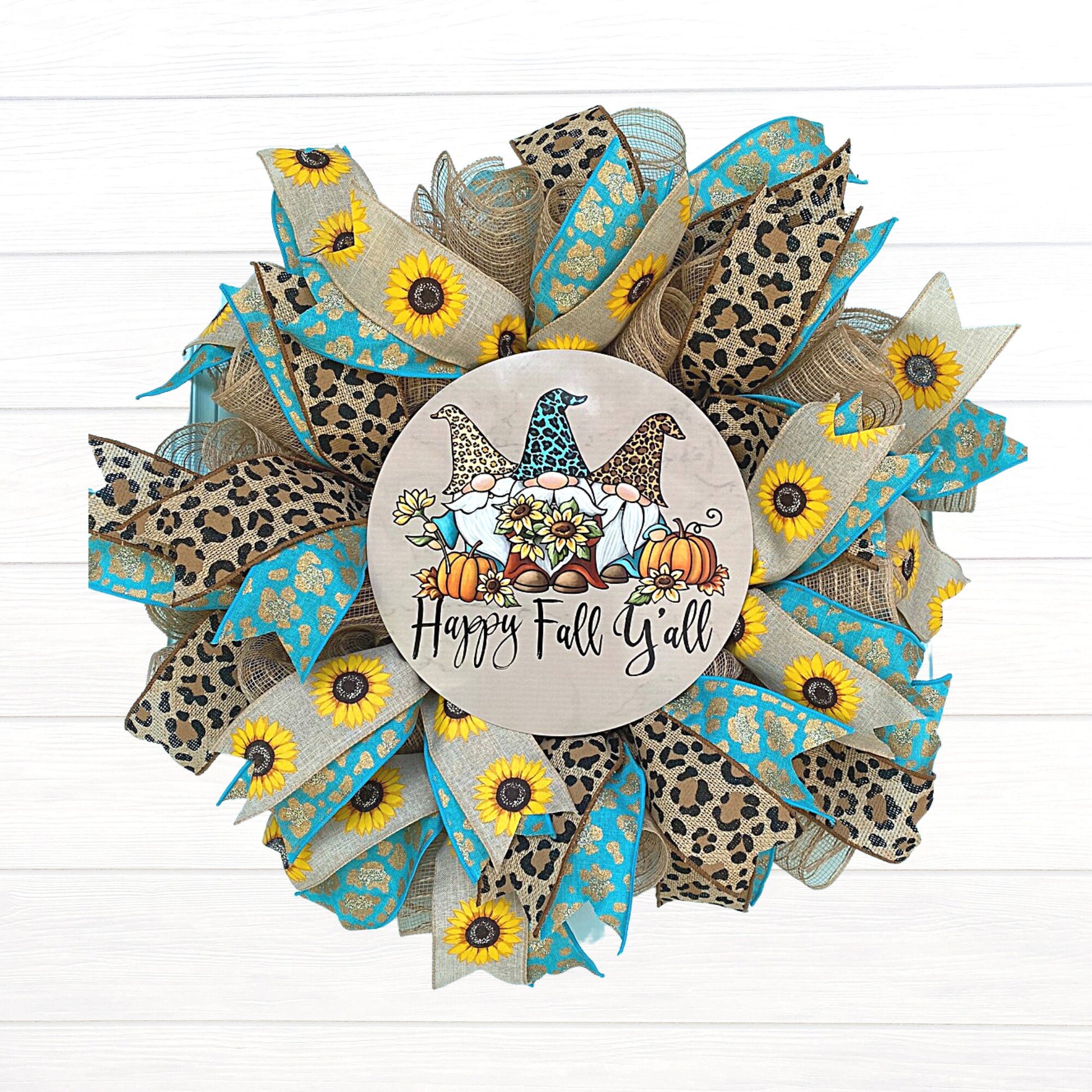 Fall Wreath for Front Door, Gnome Wreath, Fall Leopard Wreath, Autumn Sunflower Wreath, Happy Fall Y'all, Teal Aqua Outdoor Decoration