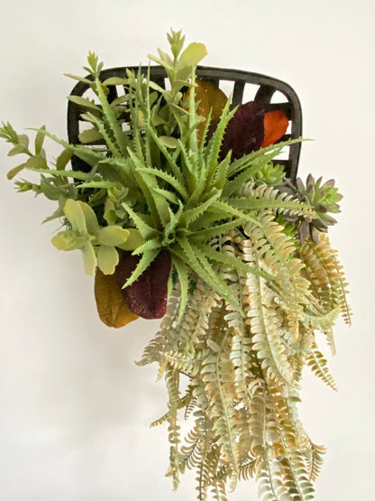 Tobacco Basket Wall Planter with Faux Succulents, Hanging Succulent Wall Garden, Succulent Wreath, Hanging Wall Decor, Succulent Arrangement