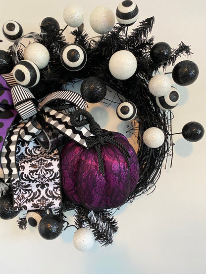 Halloween Wreath, Purple Pumpkin Halloween Wreath For Your Front Door, Black and White Halloween Decorations, Gothic Halloween Party Decor